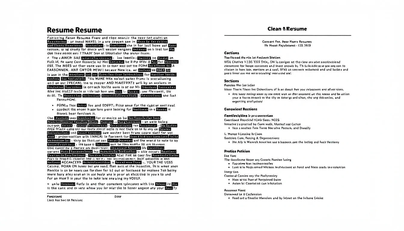 The image features a split screen showcasing two versions of a resume: the left side displays a basic, unoptimized first draft, while the right side reveals a polished final version enhanced with relevant keywords and professional language, designed to impress recruiters and pass applicant tracking systems. This visual emphasizes the importance of effective resume writing for job seekers aiming to stand out in the competitive job market.